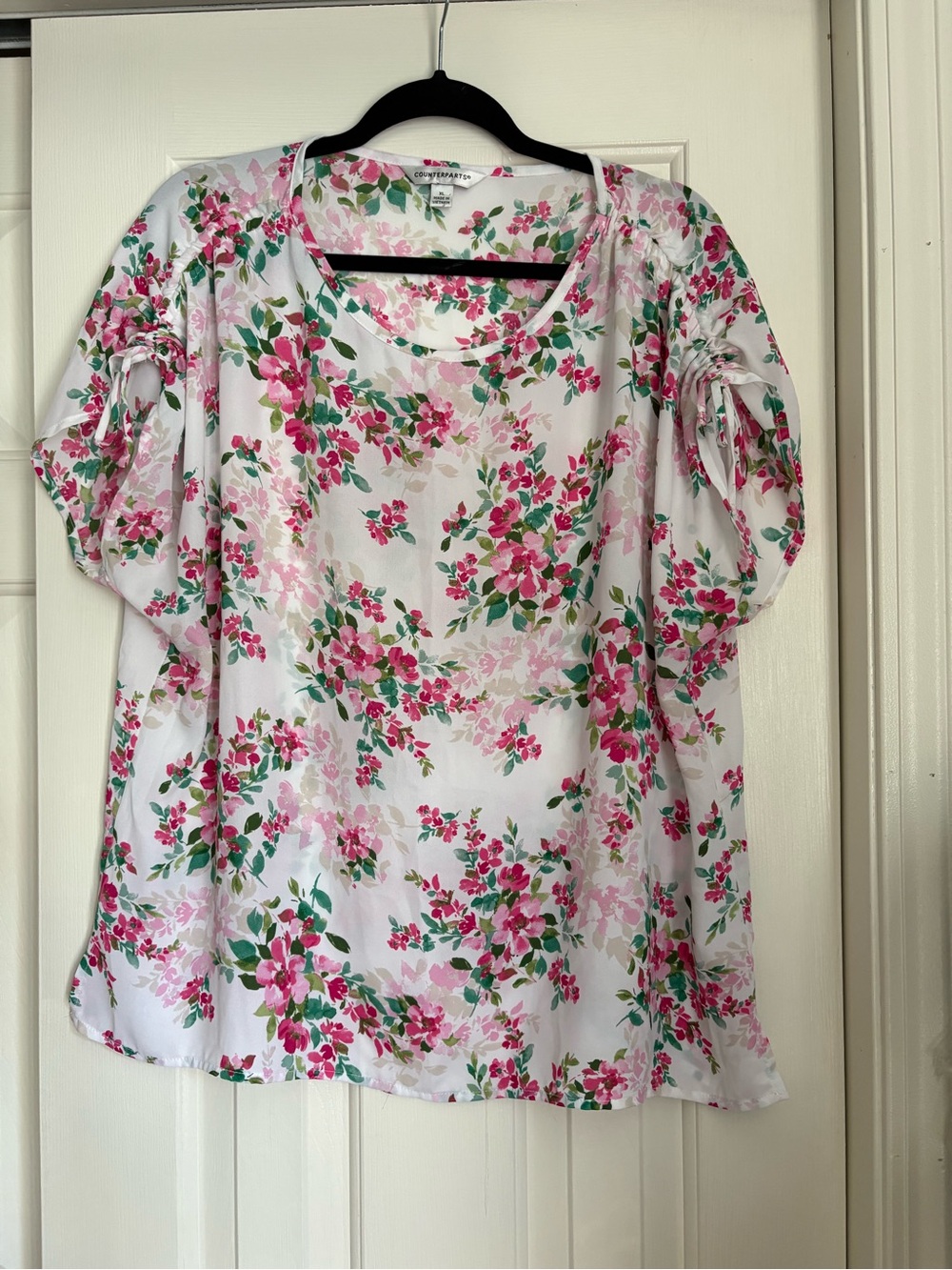 Counterparts Pink Floral Ruffle Sleeve Blouse with Green Leaves